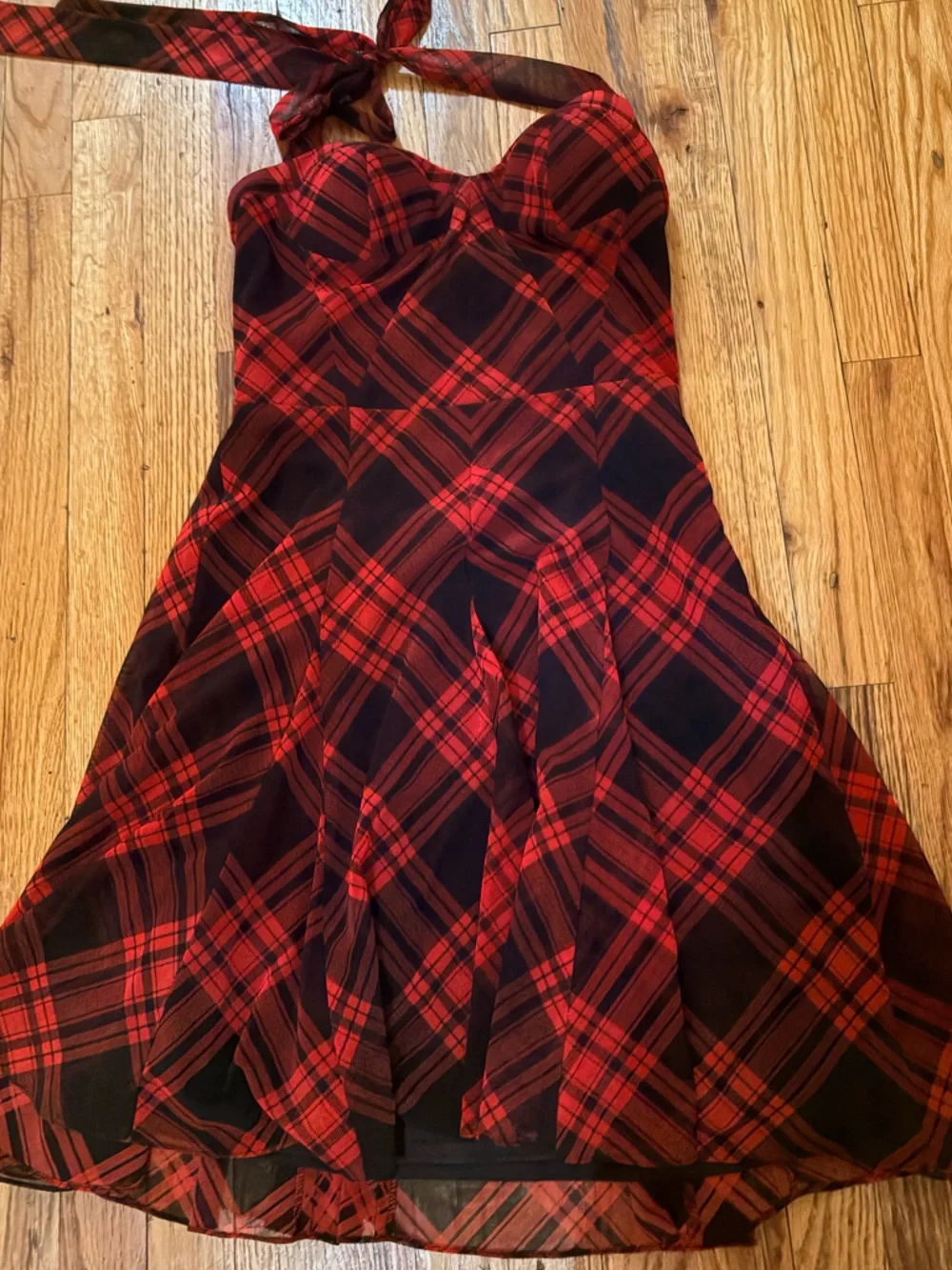 Betsey Johnson Red and Black Plaid Halter Fit-and-Flare Dress - Picture 1 of 4